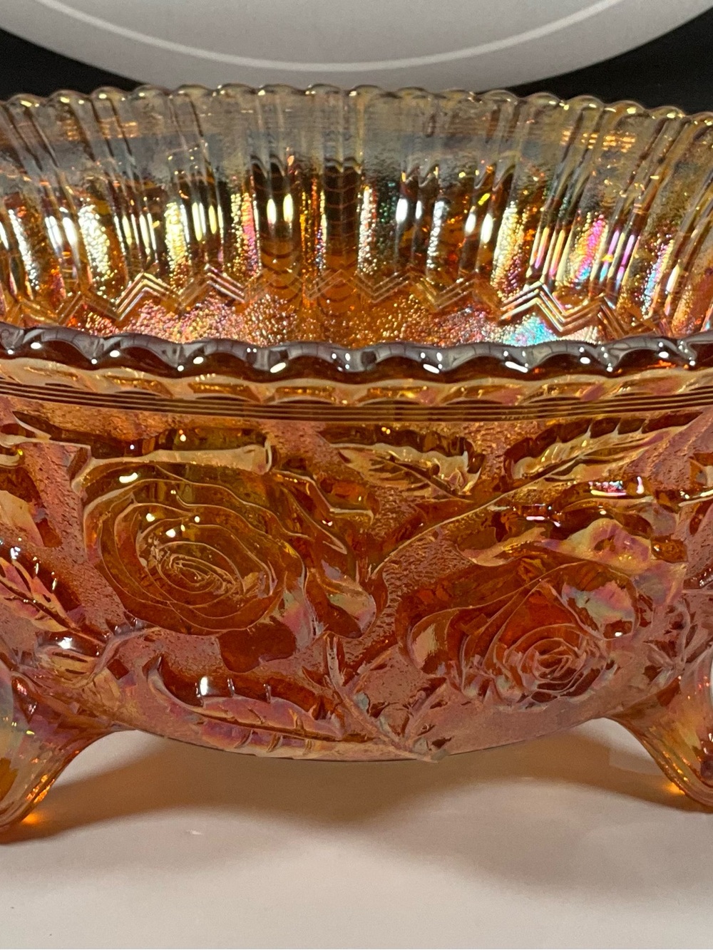 Vintage Imperial Marigold Carnival Glass Rose Pattern 3 Footed Bowl